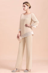 Chic Round-Neck Champagne Chiffon Mother of Bride Jumpsuit Online-misshow.com