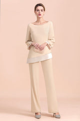 Chic Round-Neck Champagne Chiffon Mother of Bride Jumpsuit Online-misshow.com