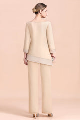 Chic Round-Neck Champagne Chiffon Mother of Bride Jumpsuit Online-misshow.com