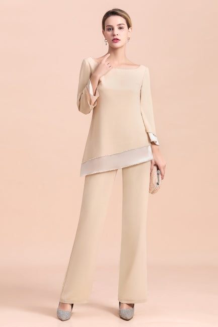 Chic Round-Neck Champagne Chiffon Mother of Bride Jumpsuit Online-misshow.com