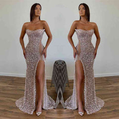 Chic Sequined Floor Length Strapless A-line Prom Dress with Front Slit-misshow.com