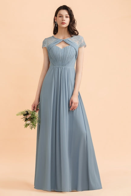 Chic Short Sleeves Lace Chiffon Bridesmaid Dress with Ruffles-misshow.com