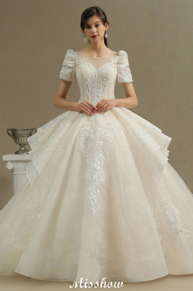 MISSHOW offers Chic Short Sleeves Tulle Lace Appliques Bridal Gown Spring Garden Wedding Dress at a good price from Same as Picture,Champagne,Tulle to A-line Floor-length them. Stunning yet affordable 3/4-Length Sleeves .