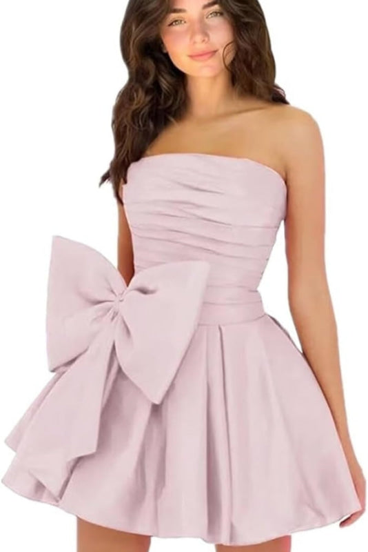 Stylish Sleeveless Ruched Short Homecoming Dresses Simple Mini Party Wear Dress with Bow