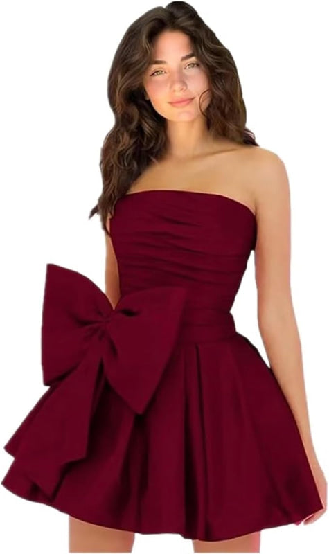 Stylish Sleeveless Ruched Short Homecoming Dresses Simple Mini Party Wear Dress with Bow