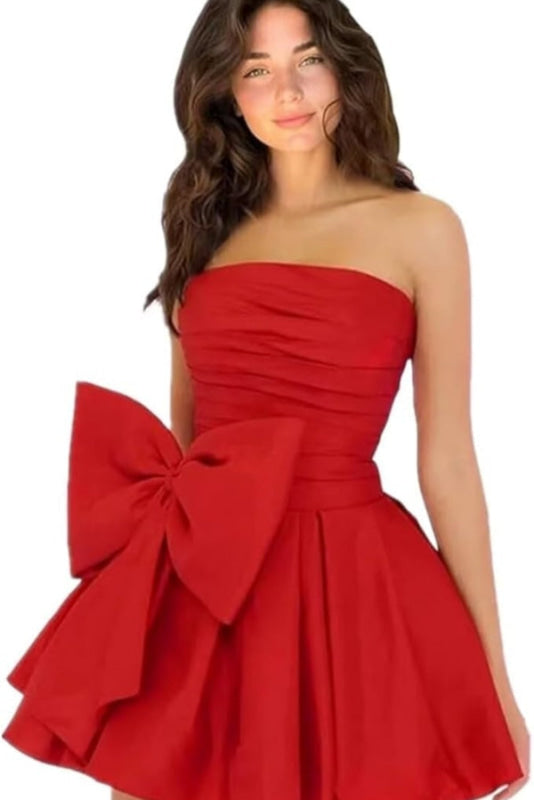 Stylish Sleeveless Ruched Short Homecoming Dresses Simple Mini Party Wear Dress with Bow