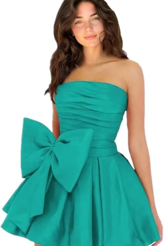 Stylish Sleeveless Ruched Short Homecoming Dresses Simple Mini Party Wear Dress with Bow