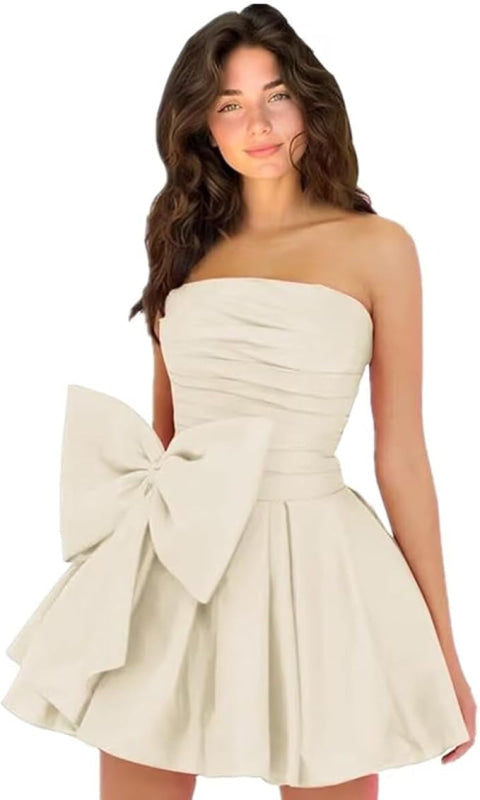 Stylish Sleeveless Ruched Short Homecoming Dresses Simple Mini Party Wear Dress with Bow