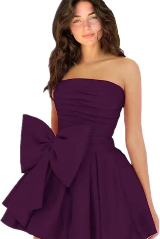 Stylish Sleeveless Ruched Short Homecoming Dresses Simple Mini Party Wear Dress with Bow