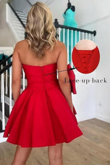 Stylish Sleeveless Ruched Short Homecoming Dresses Simple Mini Party Wear Dress with Bow