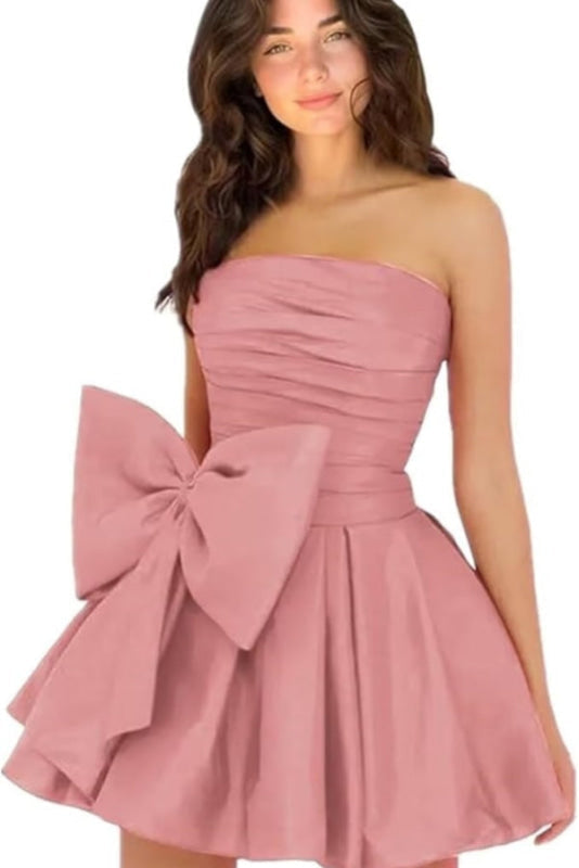 Stylish Sleeveless Ruched Short Homecoming Dresses Simple Mini Party Wear Dress with Bow