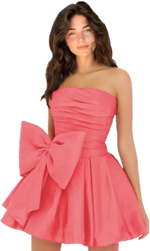 Stylish Sleeveless Ruched Short Homecoming Dresses Simple Mini Party Wear Dress with Bow