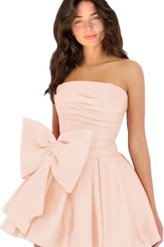 Stylish Sleeveless Ruched Short Homecoming Dresses Simple Mini Party Wear Dress with Bow