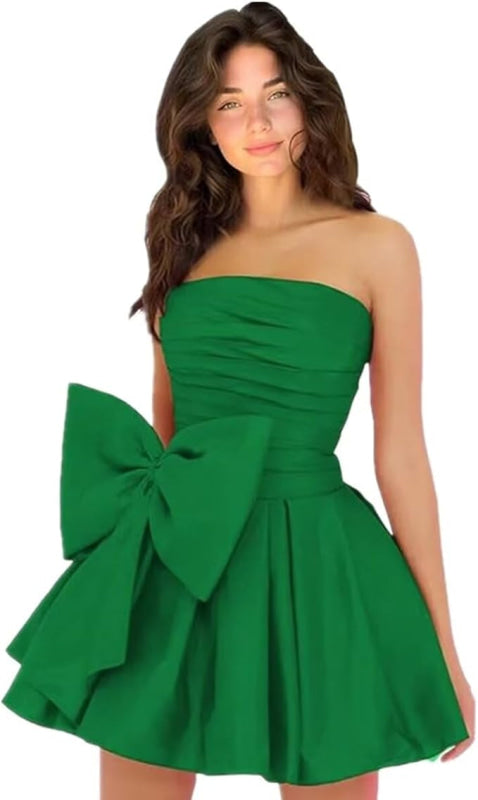 Stylish Sleeveless Ruched Short Homecoming Dresses Simple Mini Party Wear Dress with Bow