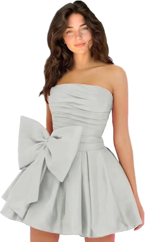 Stylish Sleeveless Ruched Short Homecoming Dresses Simple Mini Party Wear Dress with Bow