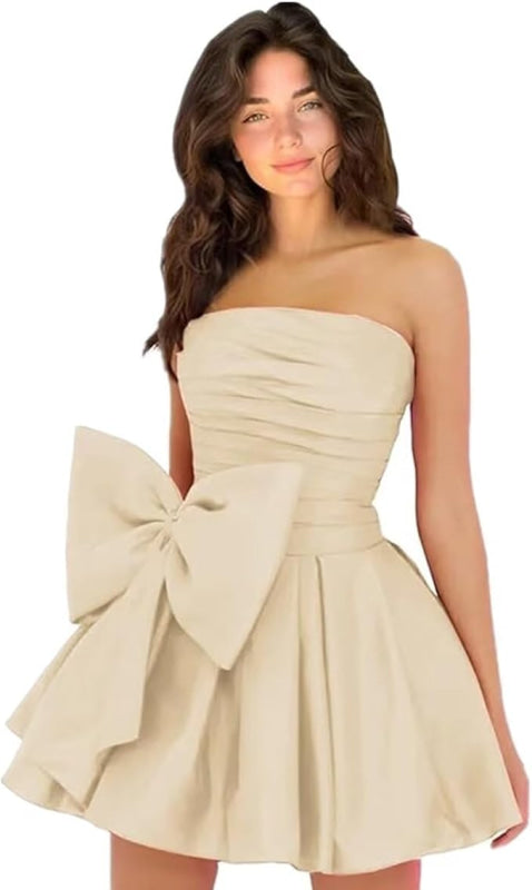 Stylish Sleeveless Ruched Short Homecoming Dresses Simple Mini Party Wear Dress with Bow