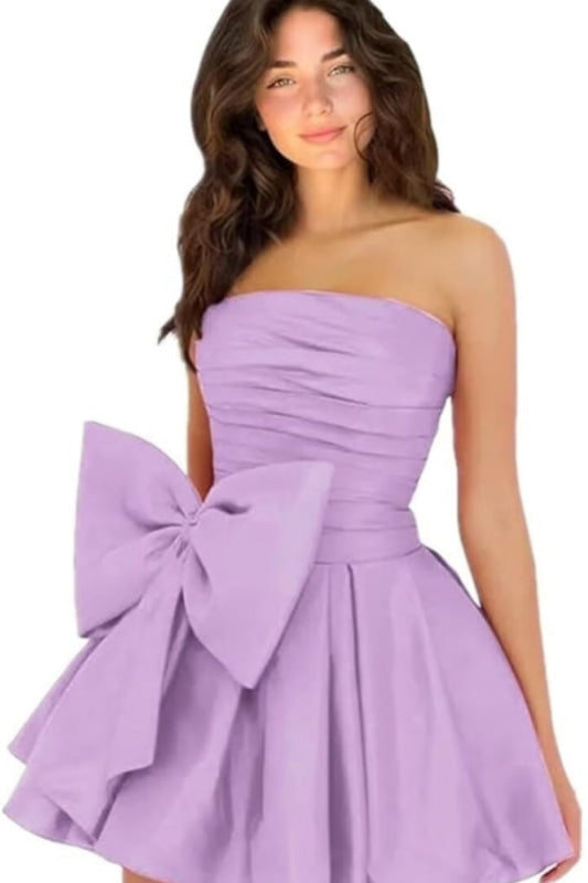 Stylish Sleeveless Ruched Short Homecoming Dresses Simple Mini Party Wear Dress with Bow