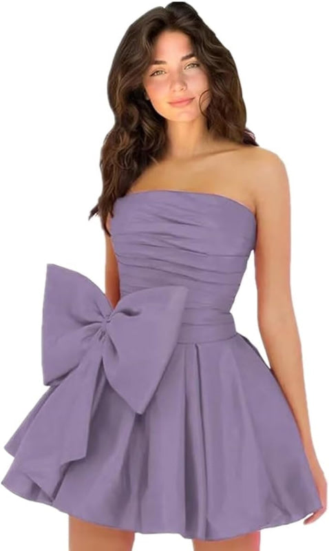 Stylish Sleeveless Ruched Short Homecoming Dresses Simple Mini Party Wear Dress with Bow