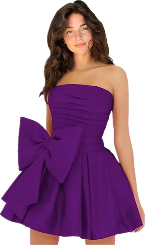 Stylish Sleeveless Ruched Short Homecoming Dresses Simple Mini Party Wear Dress with Bow