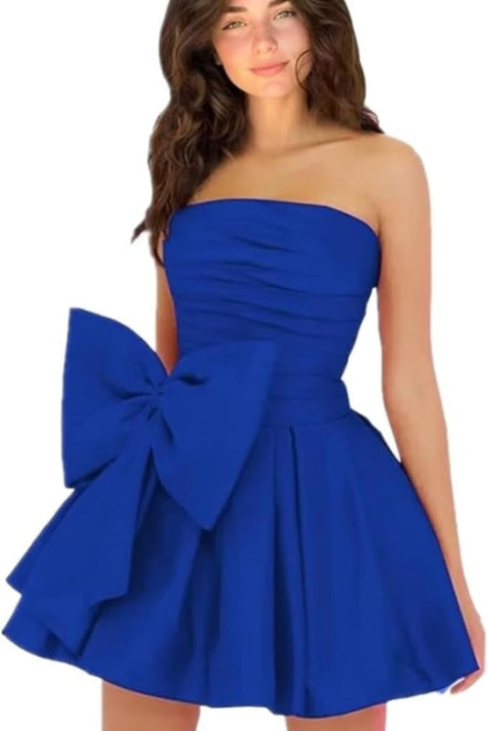 Stylish Sleeveless Ruched Short Homecoming Dresses Simple Mini Party Wear Dress with Bow