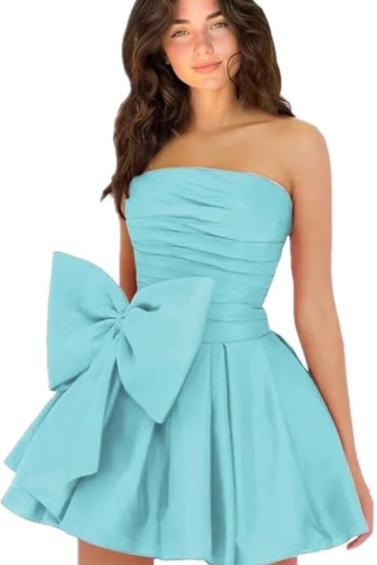 Stylish Sleeveless Ruched Short Homecoming Dresses Simple Mini Party Wear Dress with Bow