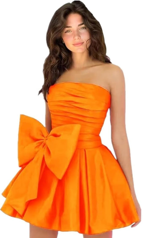 Stylish Sleeveless Ruched Short Homecoming Dresses Simple Mini Party Wear Dress with Bow