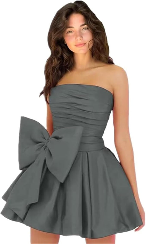 Stylish Sleeveless Ruched Short Homecoming Dresses Simple Mini Party Wear Dress with Bow