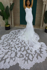 Chic Sleeveless Spaghetti Straps Mermaid Wedding Dress with Chapel Train-misshow.com