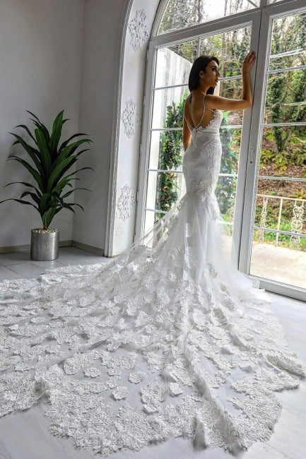 Chic Sleeveless Spaghetti Straps Mermaid Wedding Dress with Chapel Train-misshow.com