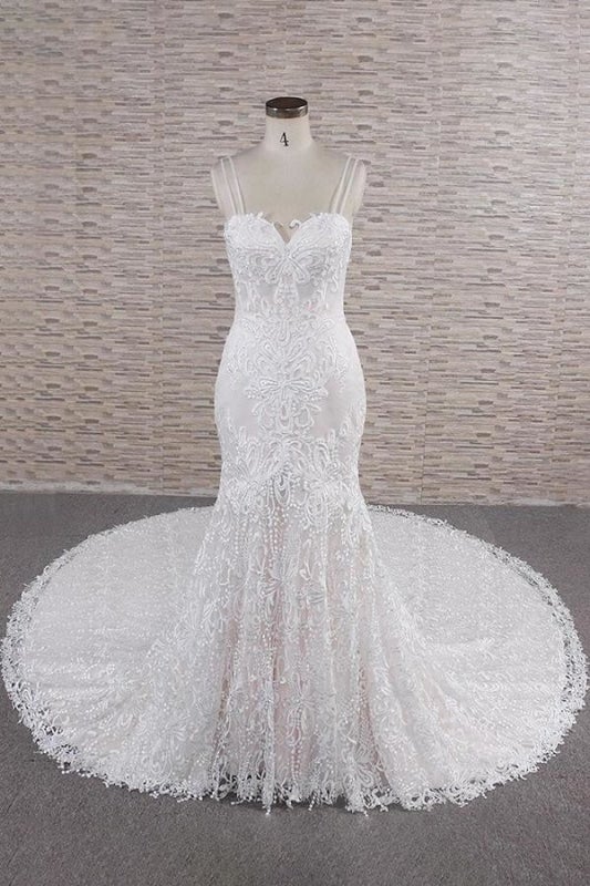 Chic Spaghetti Strap Appliques Mermaid Elegant Wedding Dresses