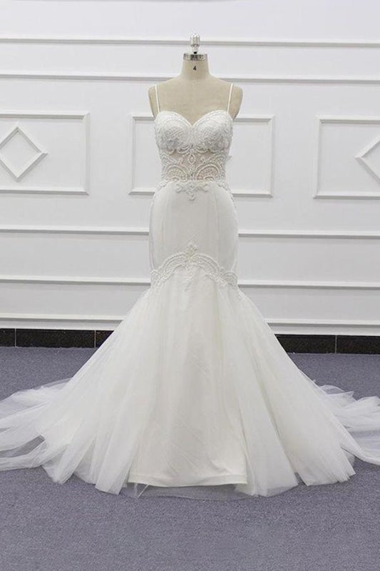 Chic Spaghetti Strap Beading Mermaid Elegant Wedding Dresses