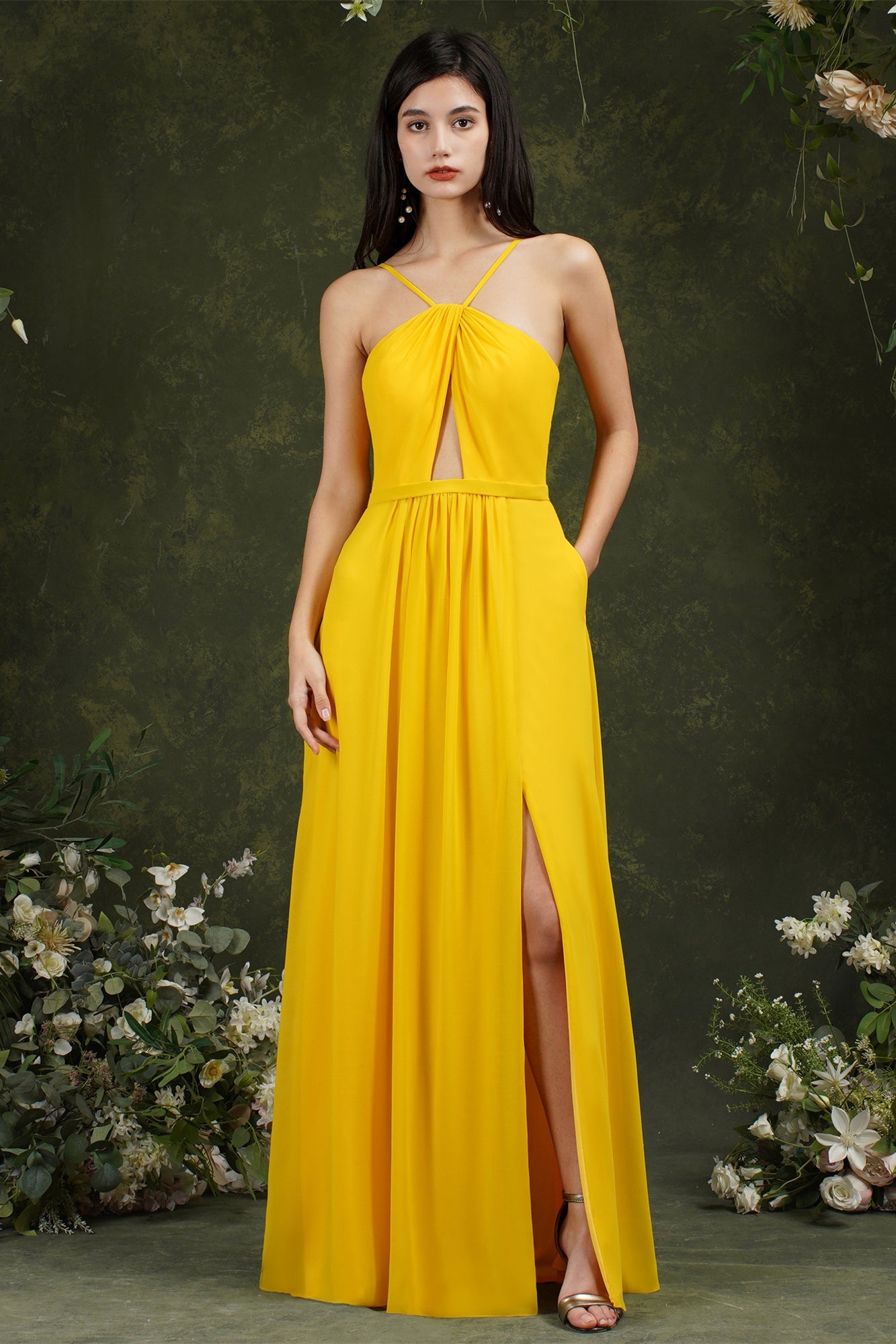 Chic Spaghetti Straps Halter A-Line Floor-length Split Bridesmaid Dress With Pockets-misshow.com