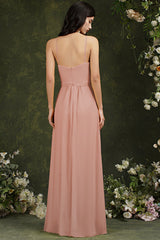 Chic Spaghetti Straps Halter A-Line Floor-length Split Bridesmaid Dress With Pockets-misshow.com