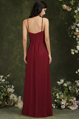 Chic Spaghetti Straps Halter A-Line Floor-length Split Bridesmaid Dress With Pockets-misshow.com