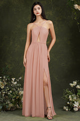 Chic Spaghetti Straps Halter A-Line Floor-length Split Bridesmaid Dress With Pockets-misshow.com