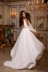 Chic Summer Chiffon A-line V-neck Wedding Dresses With Long Sleeves-misshow.com