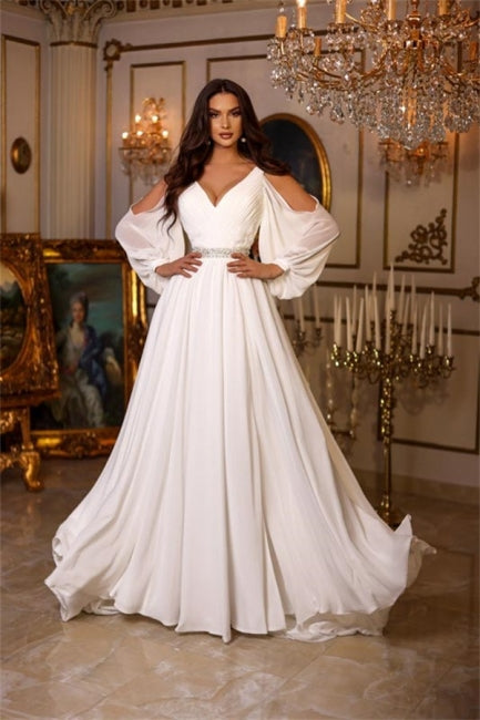 Chic Summer Chiffon A-line V-neck Wedding Dresses With Long Sleeves-misshow.com