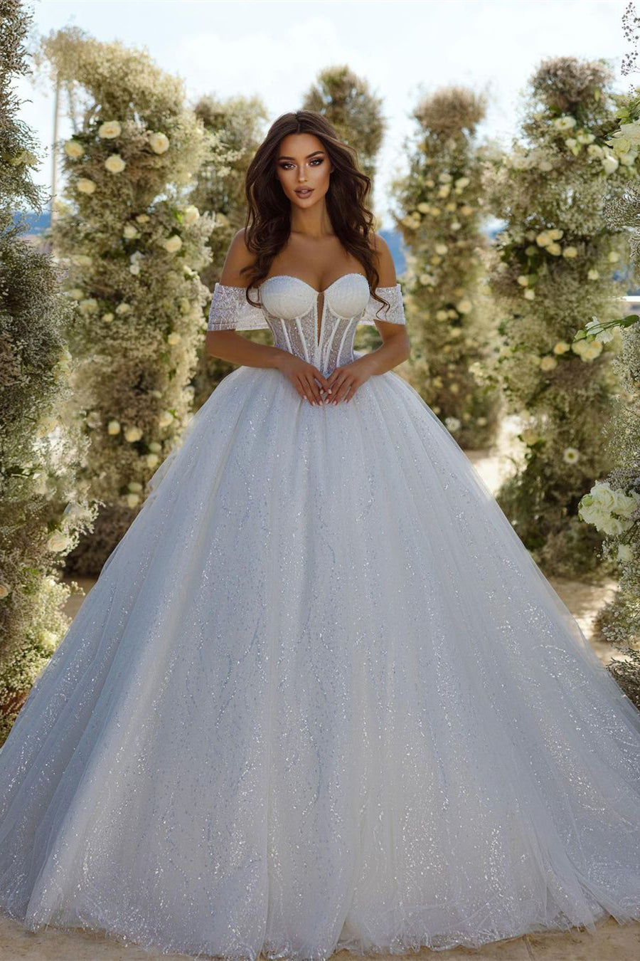 Chic Sweetheart A-line Sleeveless Glitter Tulle Wedding Dress With Train-misshow.com