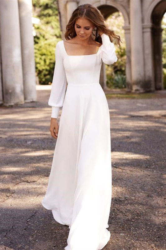 Chic White Satin Long Sleeves A-Line Wedding Dresses Long-misshow.com