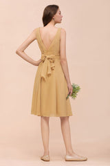 Chiffon Mini Golden Bridesmaid Dress Daily Casual Dress Sleeveless V-neck-misshow.com