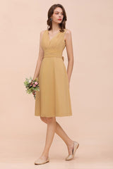 Chiffon Mini Golden Bridesmaid Dress Daily Casual Dress Sleeveless V-neck-misshow.com