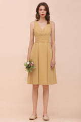 Chiffon Mini Golden Bridesmaid Dress Daily Casual Dress Sleeveless V-neck-misshow.com