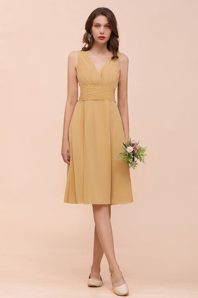 Chiffon Mini Golden Bridesmaid Dress Daily Casual Dress Sleeveless V-neck-misshow.com