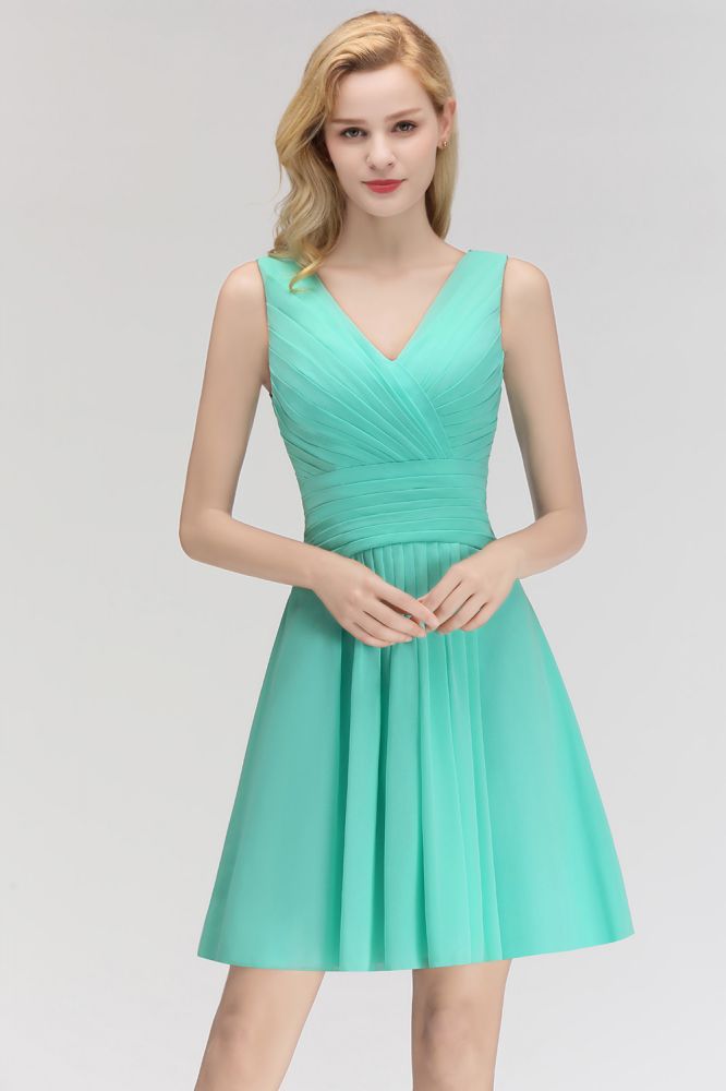 Looking for Bridesmaid Dresses in 100D Chiffon, A-line style, and Gorgeous Draped work  MISSHOW has all covered on this elegant Classic V-Neck Floral Mini Cocktail Dress Sleeveless Chiffon Knee Length Homecoming Dress.