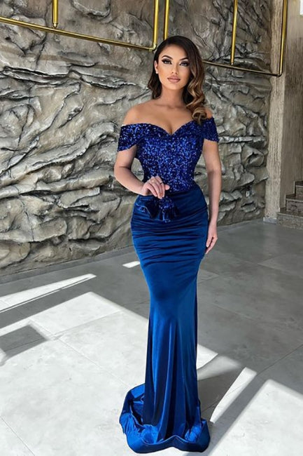 Classy Blue Sequins Sweetheart Off-the-shoulder Floor-length Column Prom Dresses-misshow.com