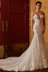 Classy Off-the-shoulder Sleeveless Mermaid Lace Wedding Dresses with Applique-misshow.com