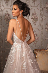 Classy V-neck Appliques Lace Spaghetti Straps Sleeveless A-Line Wedding Dresses-misshow.com