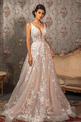 Classy V-neck Appliques Lace Spaghetti Straps Sleeveless A-Line Wedding Dresses-misshow.com