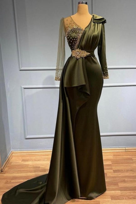 Classy V-neck Long Sleeves Beading Mermaid Prom Dress With Side Train-misshow.com