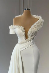 Classy V-neck Off-the-shoulder Beading Sleeveless Mermaid Wedding Dresses-misshow.com